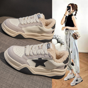 女冬季 加绒运动休闲星星鞋 外穿2025新款 真皮厚底小白鞋 爆款 毛毛鞋