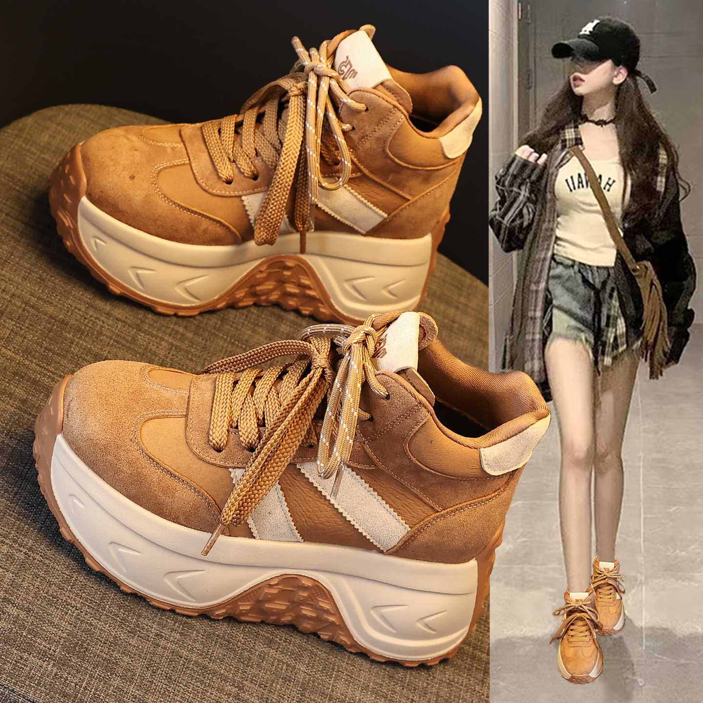 真皮高帮德训鞋女加绒厚底老爹鞋