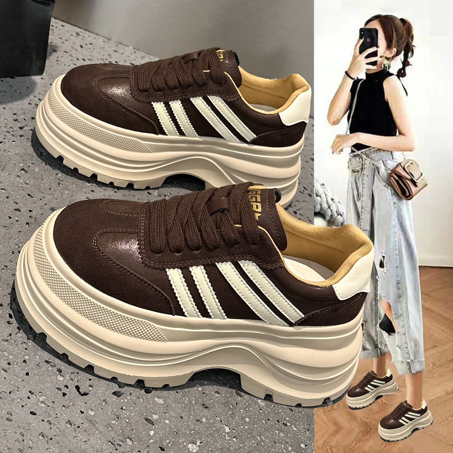 复古厚底德训鞋女真皮运动老爹鞋