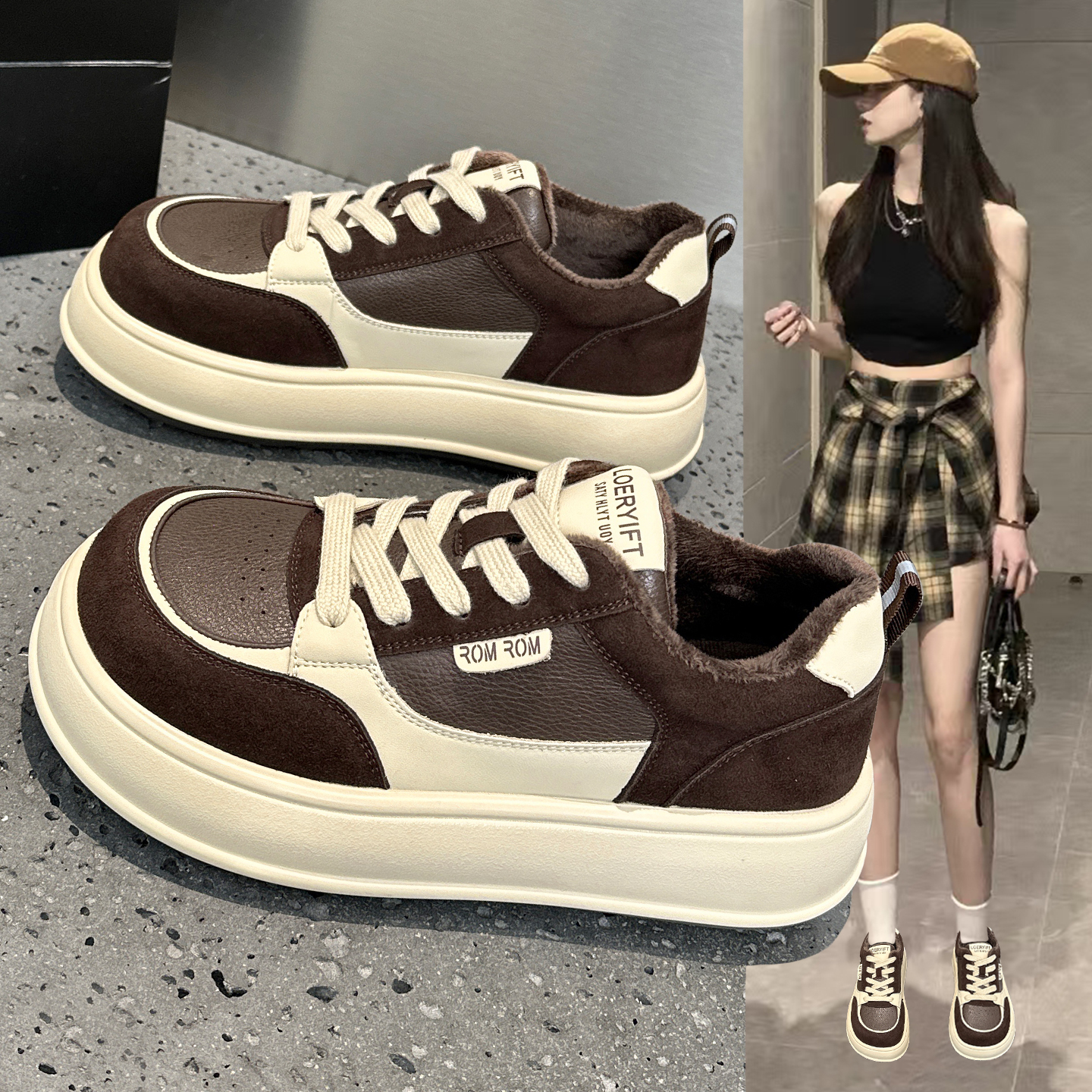 复古真皮大头面包板鞋加绒休闲鞋