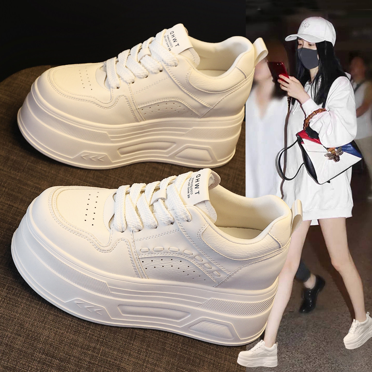 春季真皮内增高小白鞋女款2026新款厚底坡跟8cm巨好看轻便休闲鞋