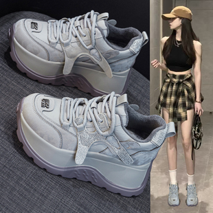 冬季加绒老爹鞋女鞋2025新款时尚水钻厚底内增高8cm休闲运动棉鞋