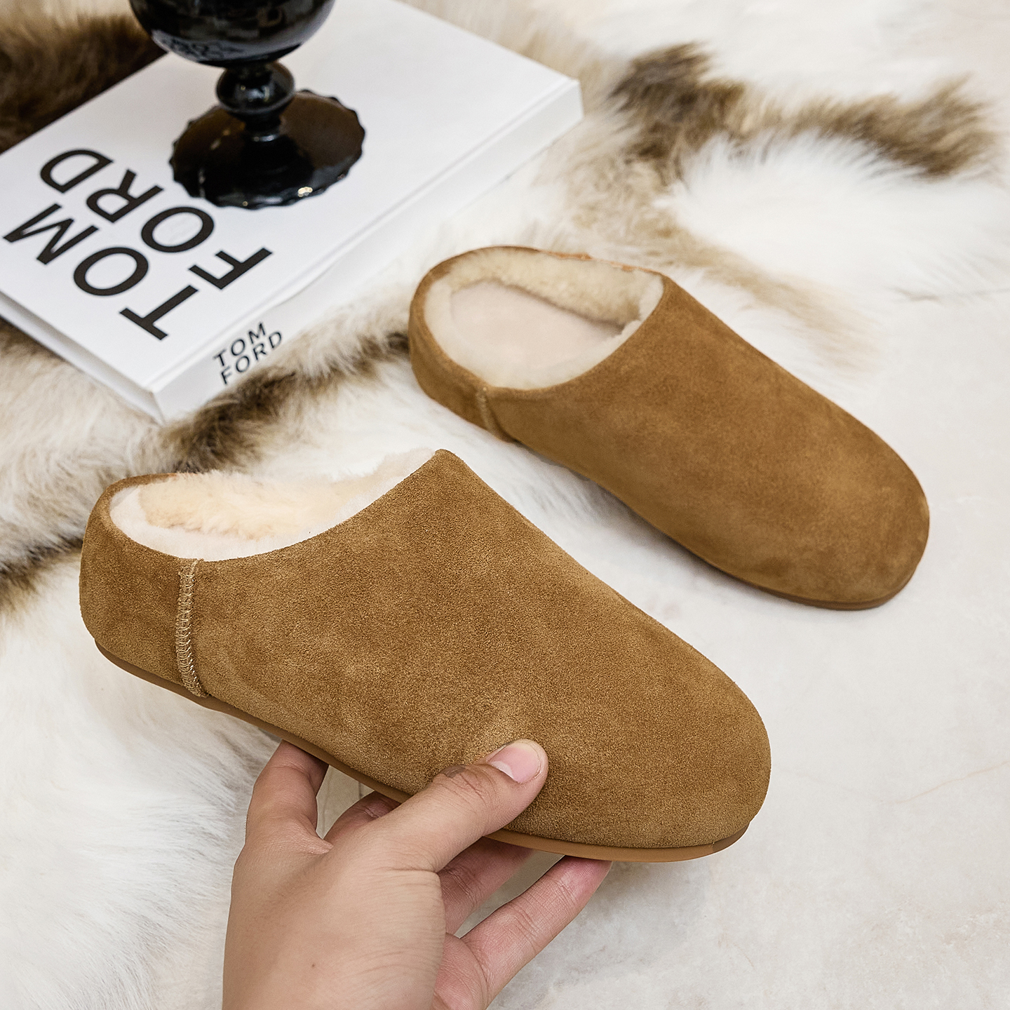 包头毛毛拖鞋外穿平底加绒勃肯鞋