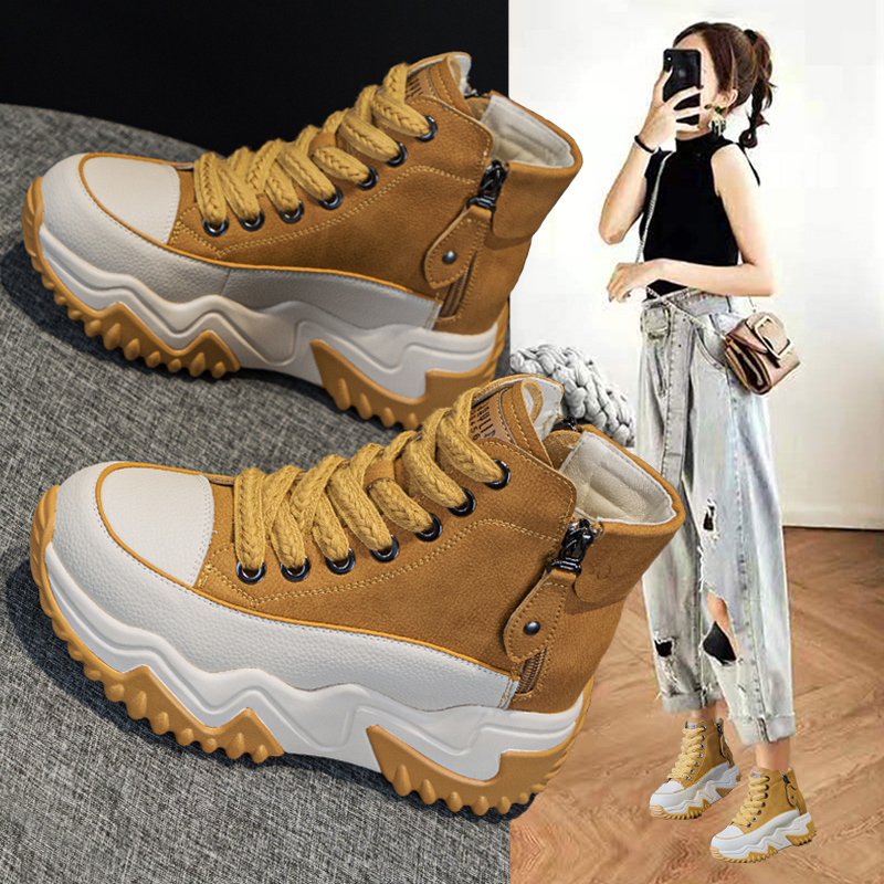 真皮高帮鞋女爆款厚底运动老爹鞋