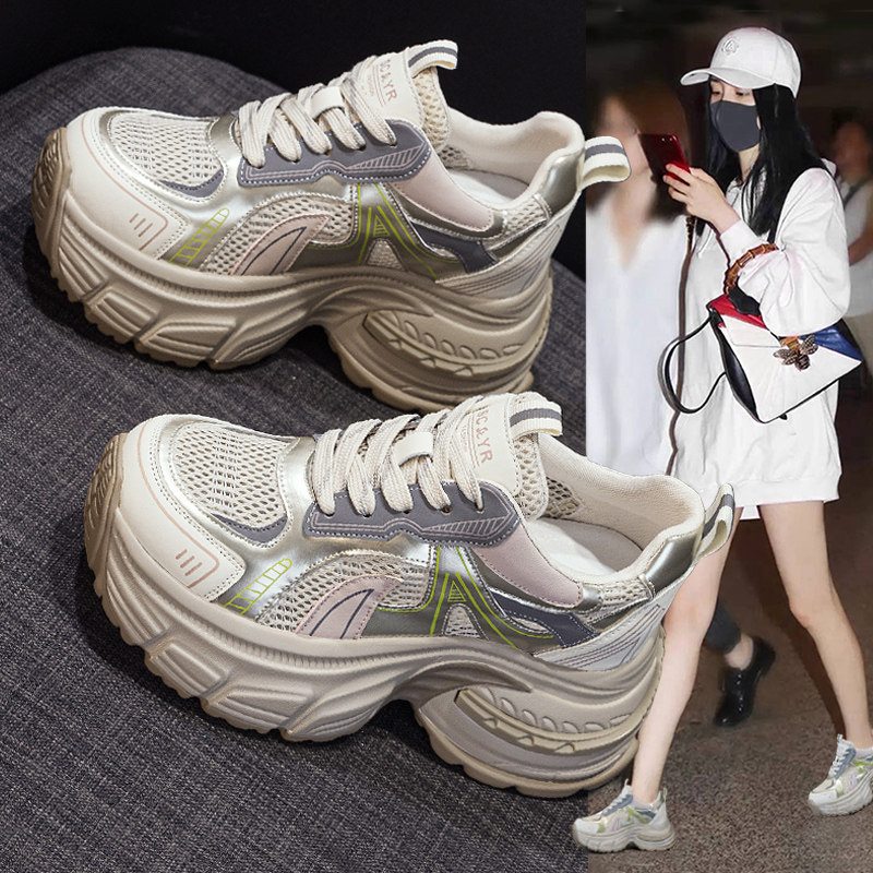 欧洲站透气网面老爹鞋女2025夏季新款爆款厚底内增高运动休闲潮鞋