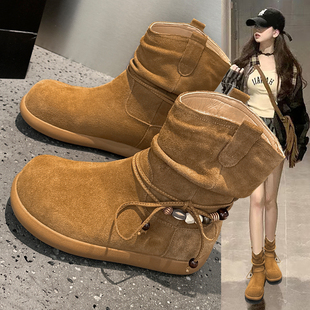 平底大棉鞋 爆款 中筒马丁靴 新款 复古真皮雪地靴女加绒加厚2025冬季