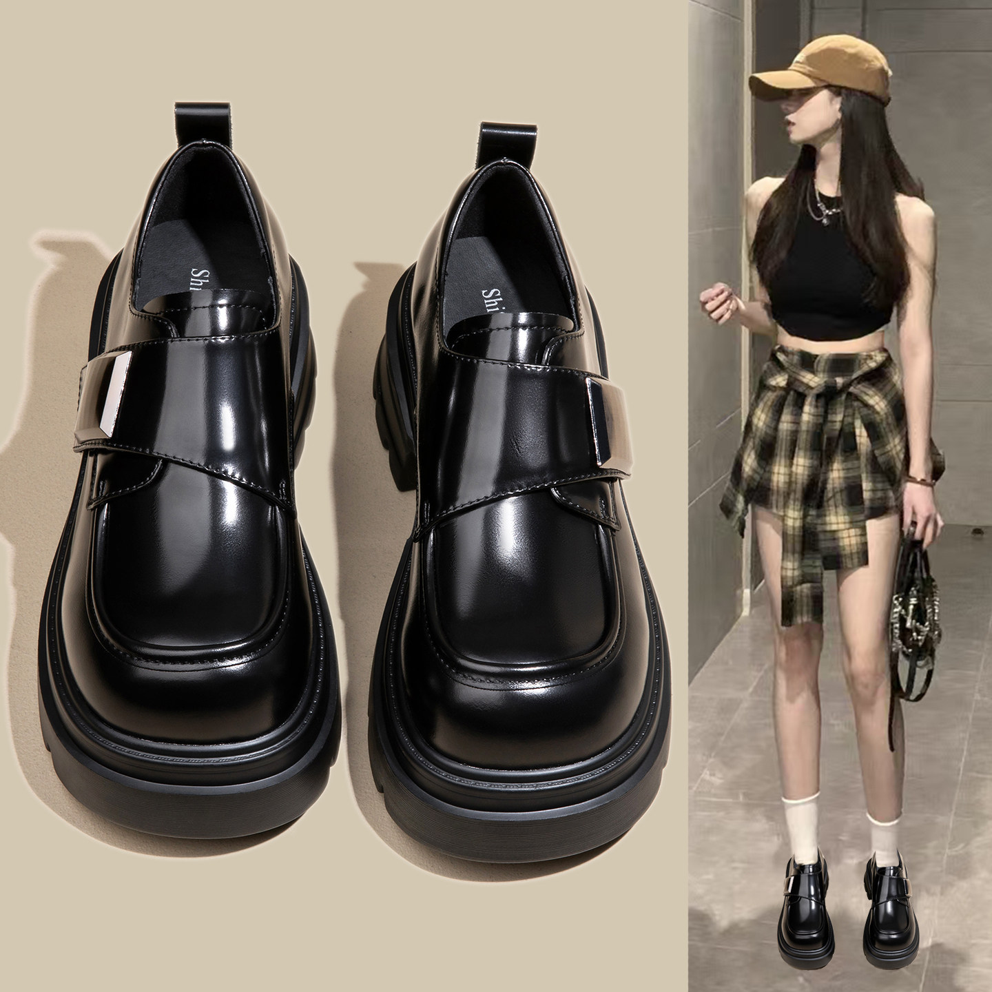 魔术贴真皮乐福鞋女鞋2026春季新款英伦风厚底增高轻便气质小皮鞋,女鞋,乐福鞋（豆豆鞋）,淘宝优惠券,粉丝福利购,淘宝优惠卷