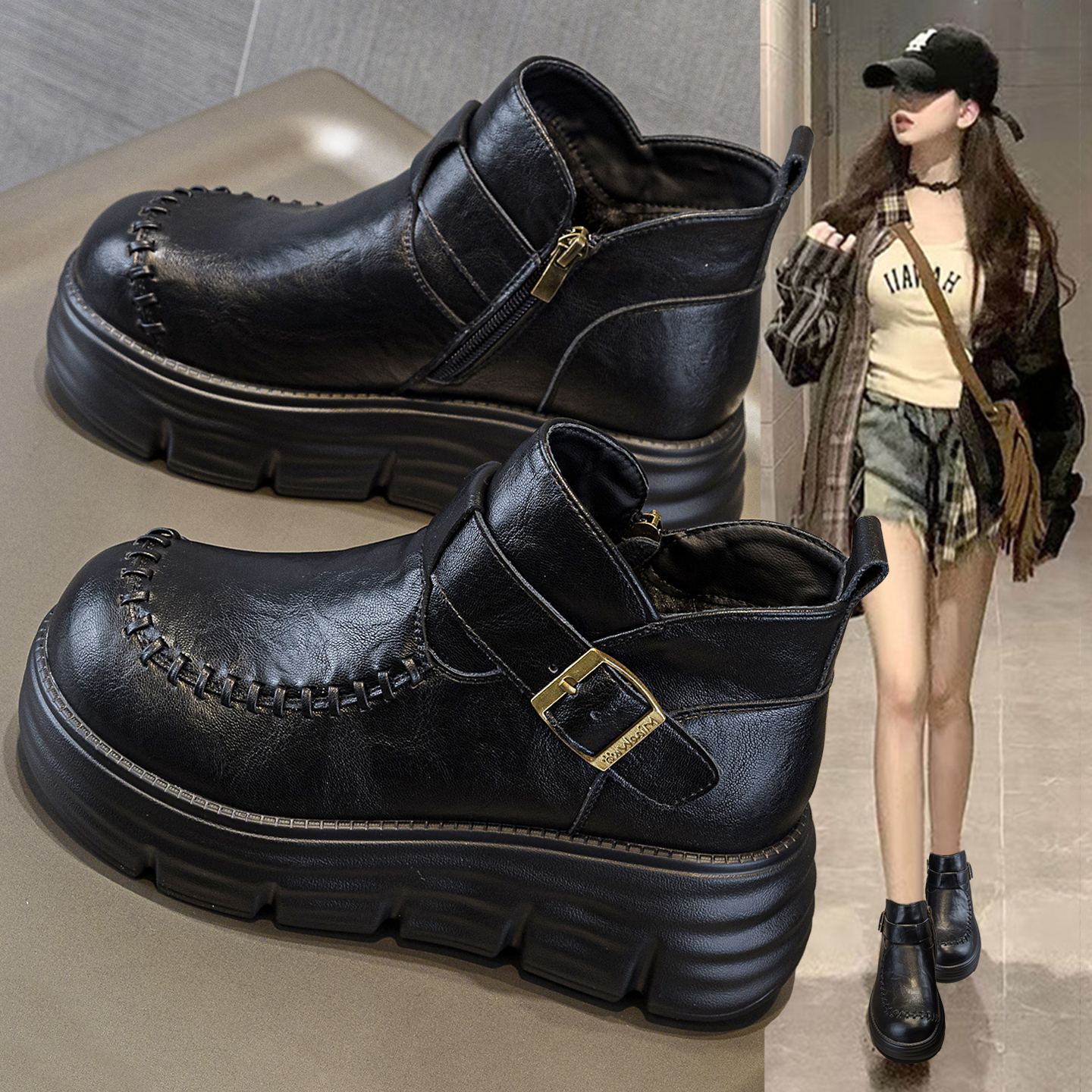 超火真皮马丁靴女加绒厚底瘦瘦靴