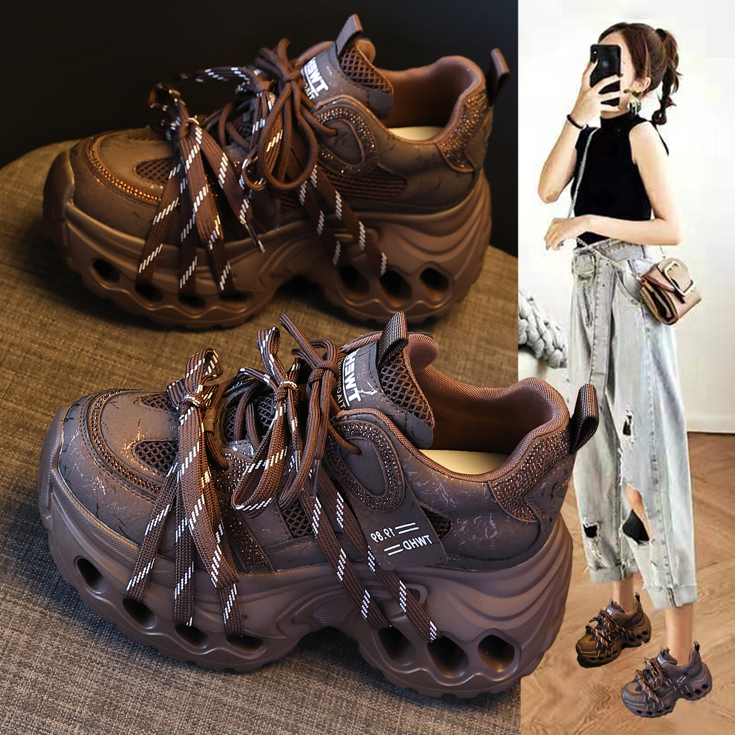 复古真皮老爹鞋厚底内增高运动鞋