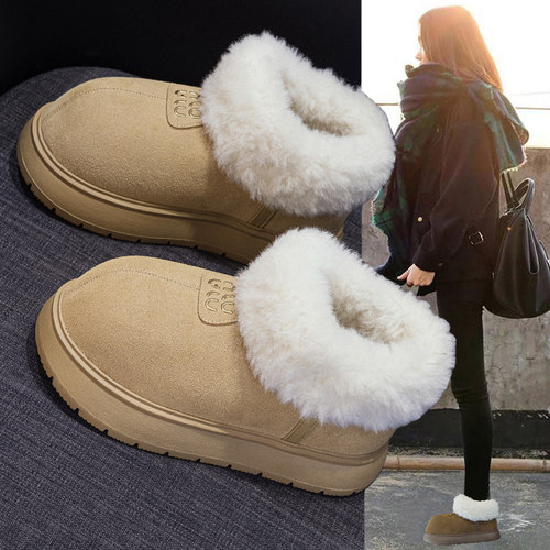 真皮雪地靴加绒加厚大头面包棉鞋