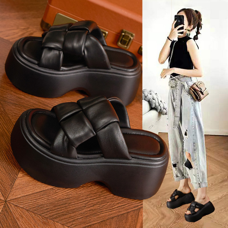 黑色厚底松糕拖鞋女外穿2024夏季新款交叉仙女风小个子沙滩凉拖鞋