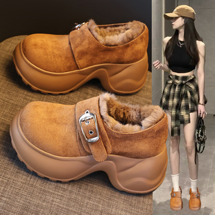 复古真皮加绒勃肯鞋女2025冬季新款毛毛鞋外穿厚底内增高乐福棉鞋