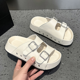 厚底增高拖鞋女外穿2025新款夏季爆款一字高级感复古真皮软底凉鞋