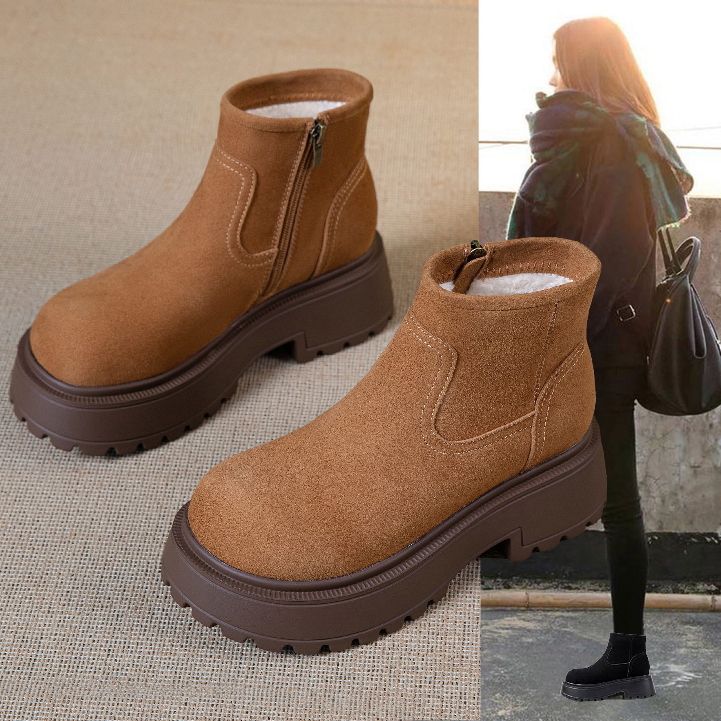 厚底雪地靴女真皮马丁靴加绒保暖