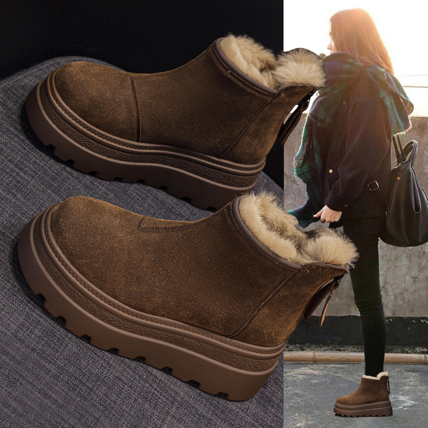 雪地靴女厚底内增高加绒加厚短靴