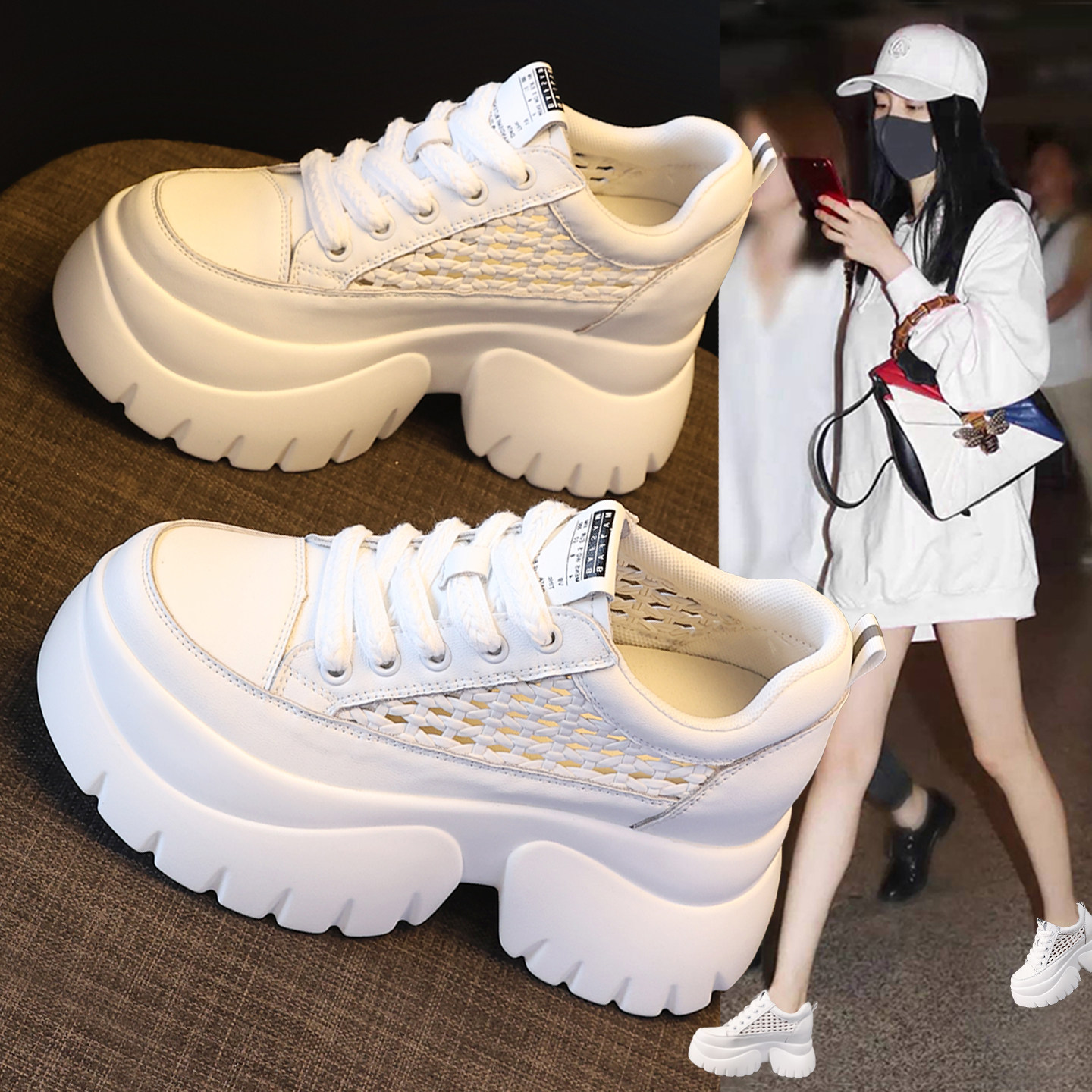 夏季镂空透气网面小白鞋女2026新款爆款厚底内增高8cm运动休闲鞋