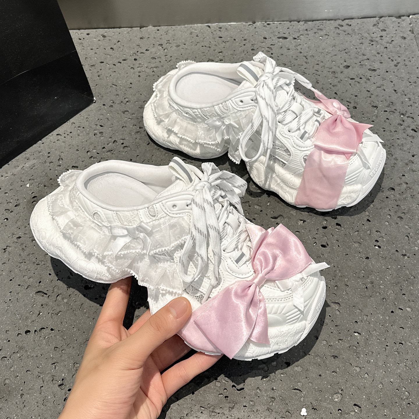 厚底包头半拖鞋女网面蕾丝老爹鞋