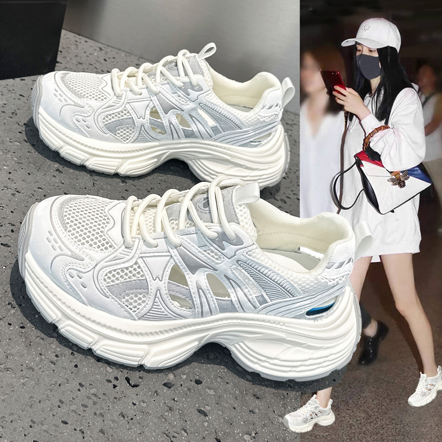 夏季爆款超火老爹鞋女2025新款厚底轻便透气镂空包头运动休闲凉鞋