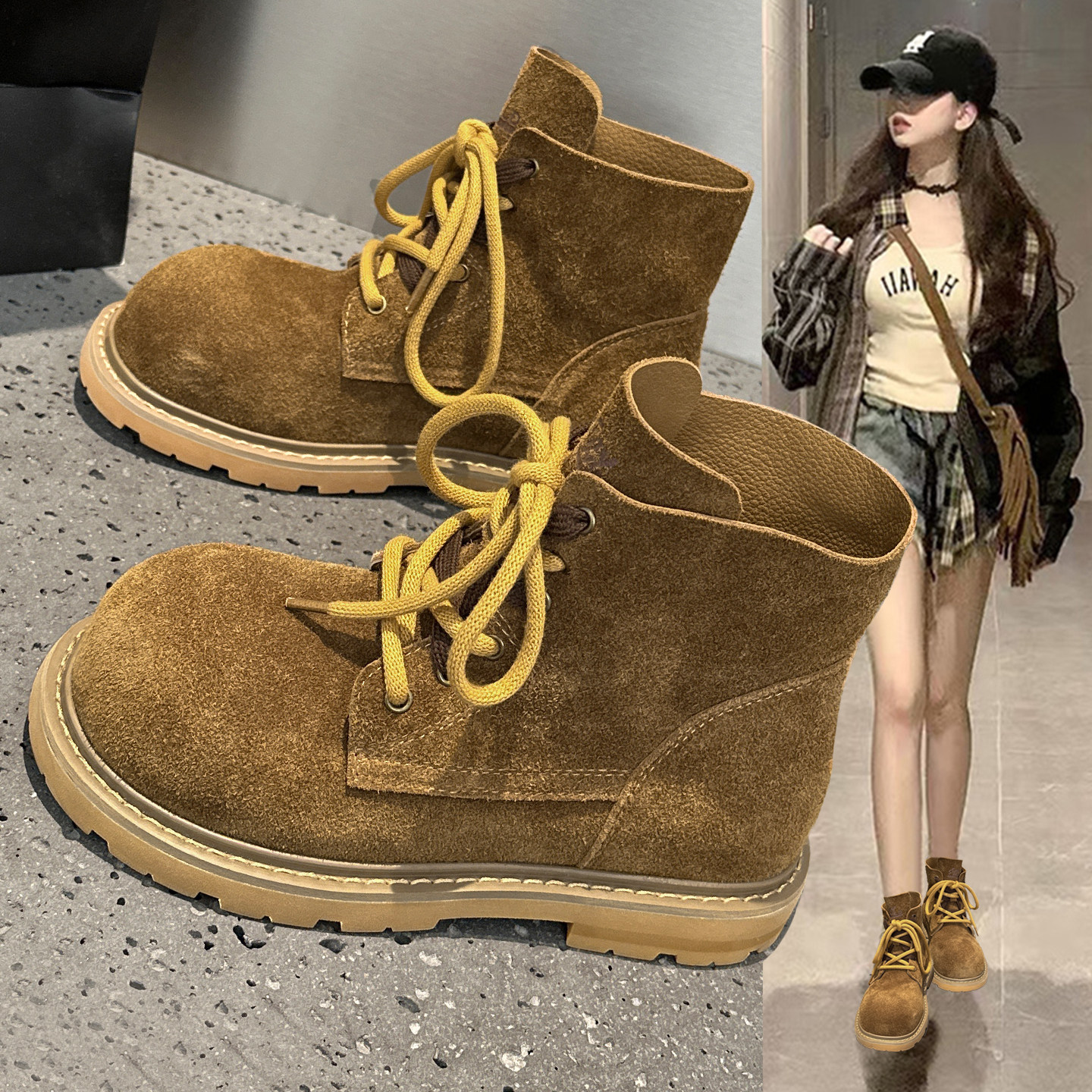 复古磨砂真皮马丁靴女款2025秋季新款爆款英伦风平底大头工装短靴