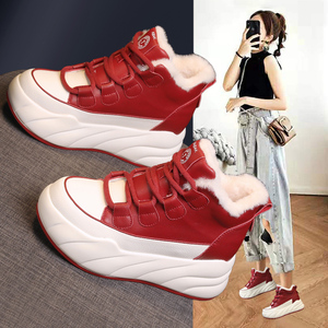 红色高帮鞋女冬季加绒棉鞋2026新款厚底内增高超火运动休闲雪地靴