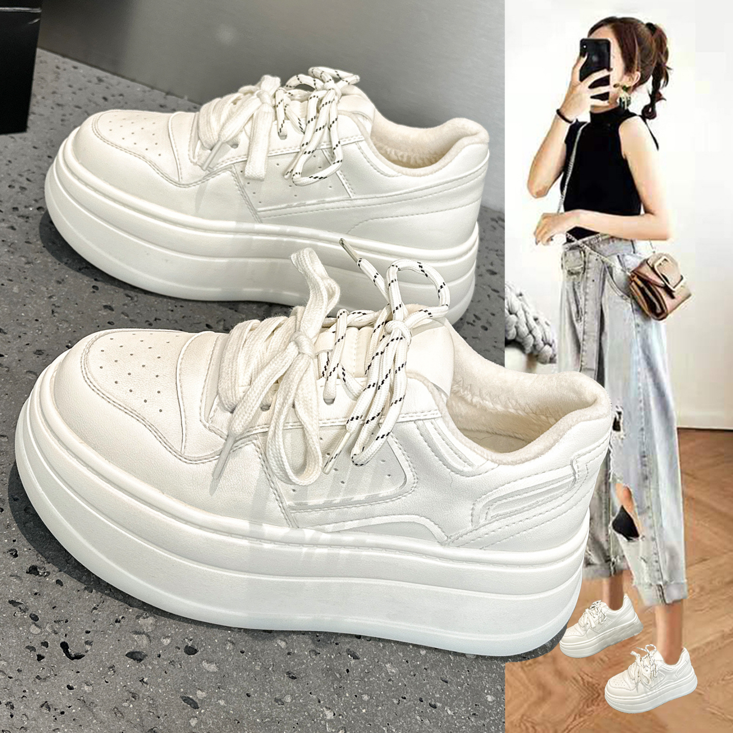 加绒保暖小白鞋女真皮厚底休闲鞋