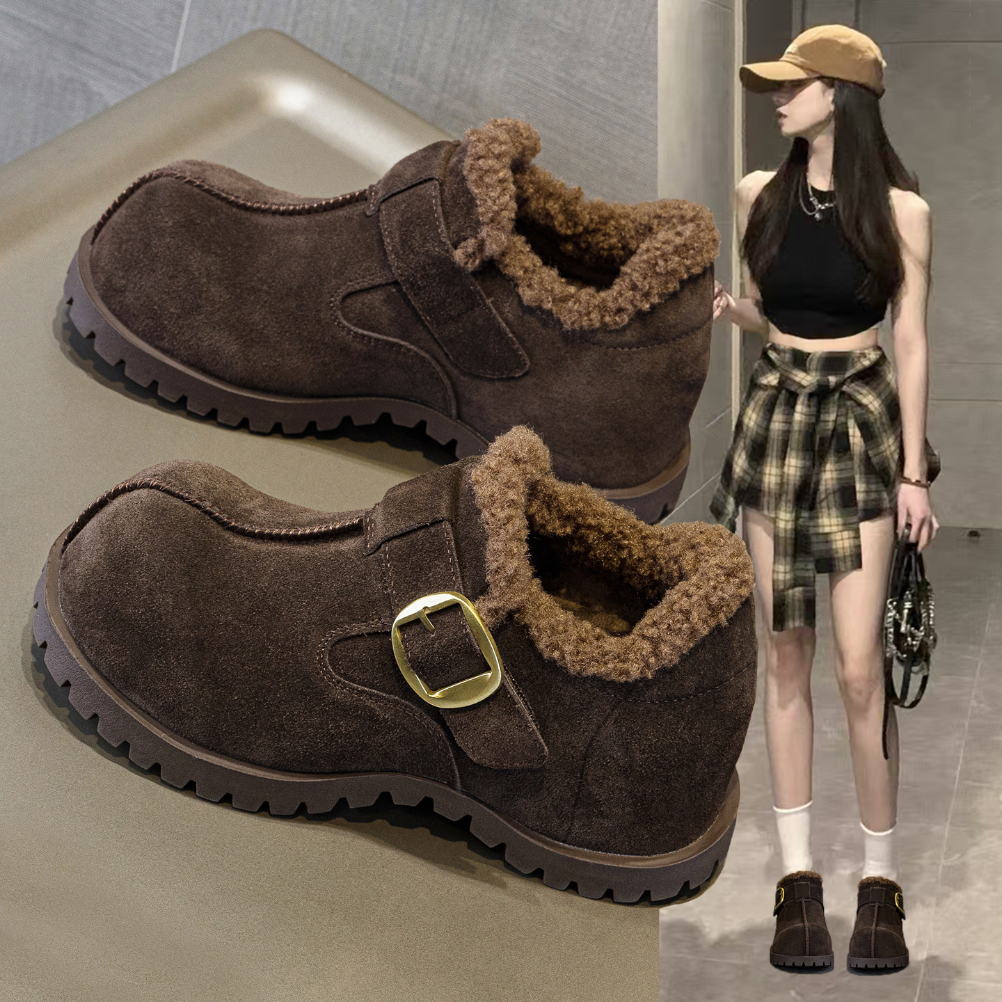 复古内增高冬季加绒勃肯鞋女2025新款外穿毛毛鞋厚底大头乐福棉鞋,女鞋,勃肯鞋/软木鞋,淘宝优惠券,粉丝福利购,淘宝优惠卷