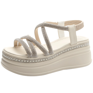 运动罗马凉鞋女仙女风2023夏季新款高级感水钻厚底松糕坡跟沙滩鞋