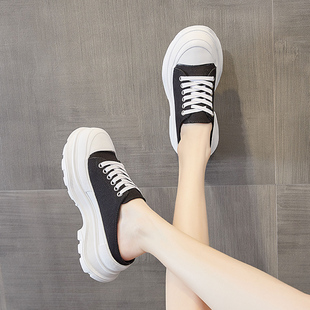 包头半拖小白鞋女外穿2023夏季新款厚底增高帆布老爹凉拖鞋ins潮