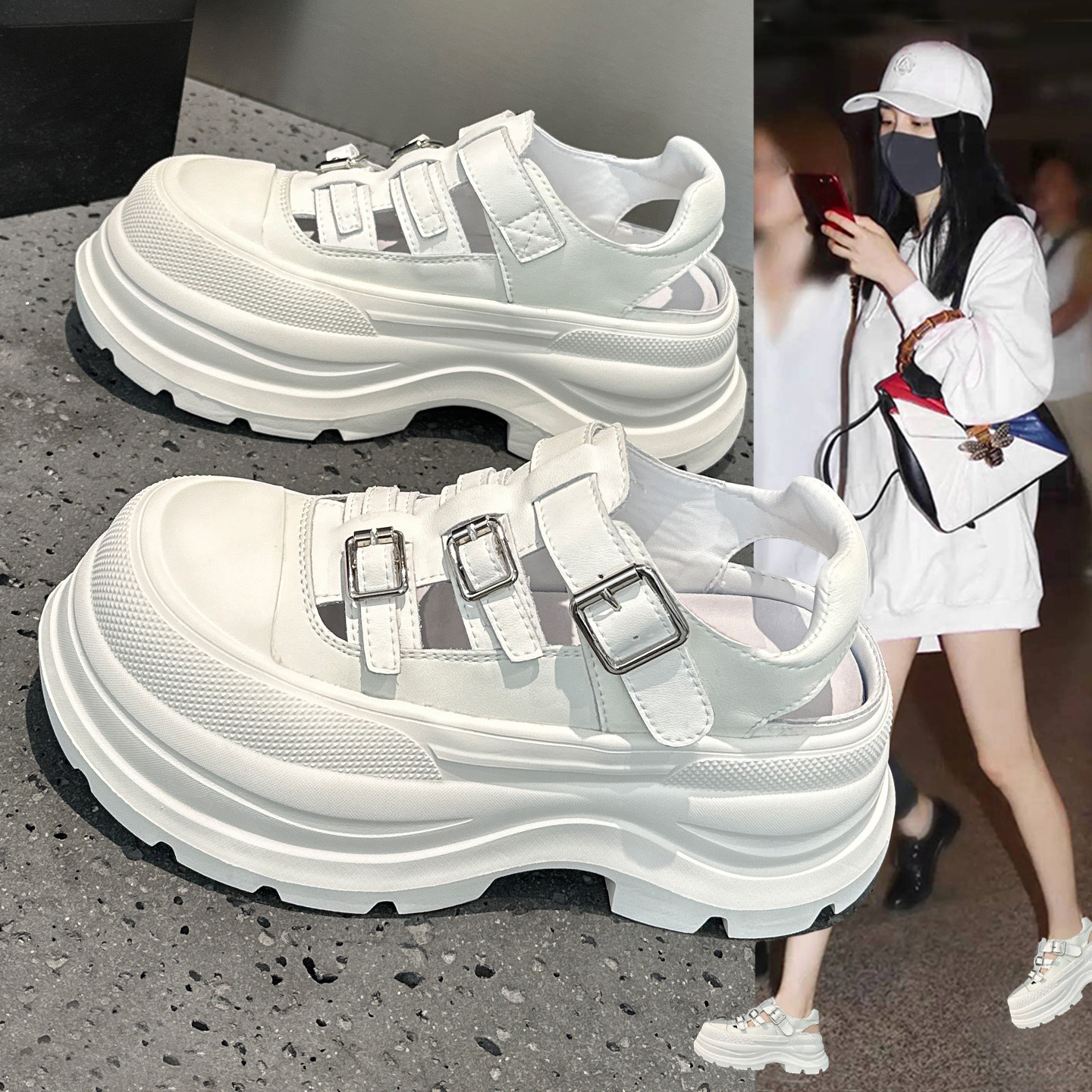 包头镂空老爹运动凉鞋女外穿厚底