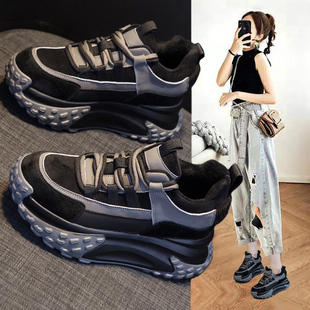 百搭厚底增高黑色休闲运动棉鞋 爆款 女炸街2022秋冬新款 加绒老爹鞋