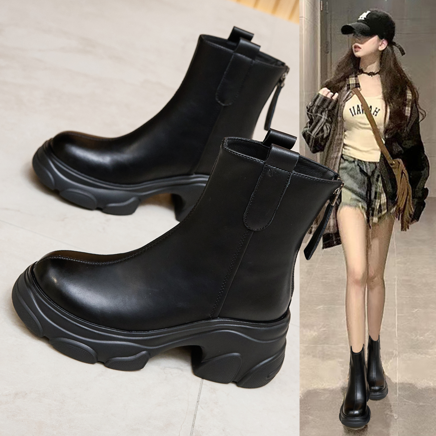 加绒切尔西马丁靴女厚底瘦瘦短靴