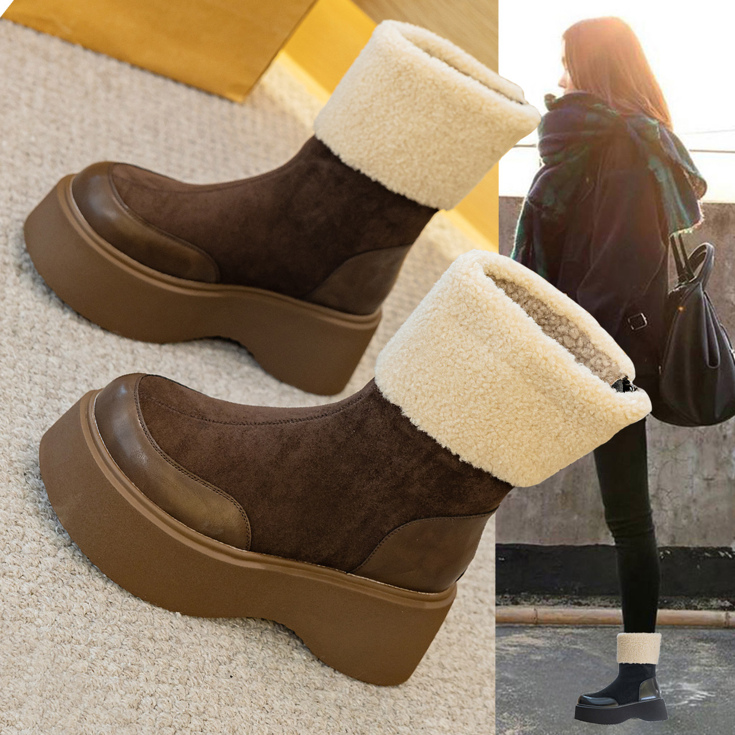 冬季复古保暖雪地靴女款2025新款时尚厚底增高加绒加厚瘦瘦马丁靴