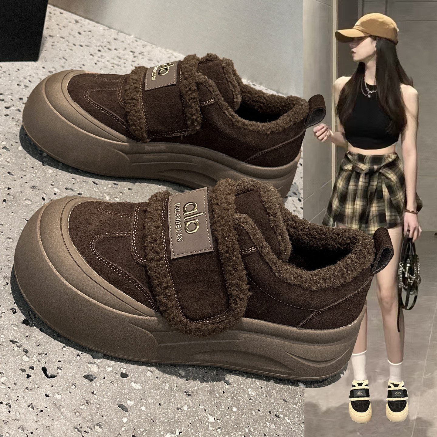 复古真皮大头休闲板鞋2025新款毛毛鞋女冬季外穿厚底加绒面包棉鞋,女鞋,休闲板鞋,淘宝优惠券,粉丝福利购,淘宝优惠卷