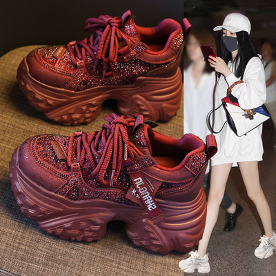 红色厚底老爹鞋女水钻内增高婚鞋