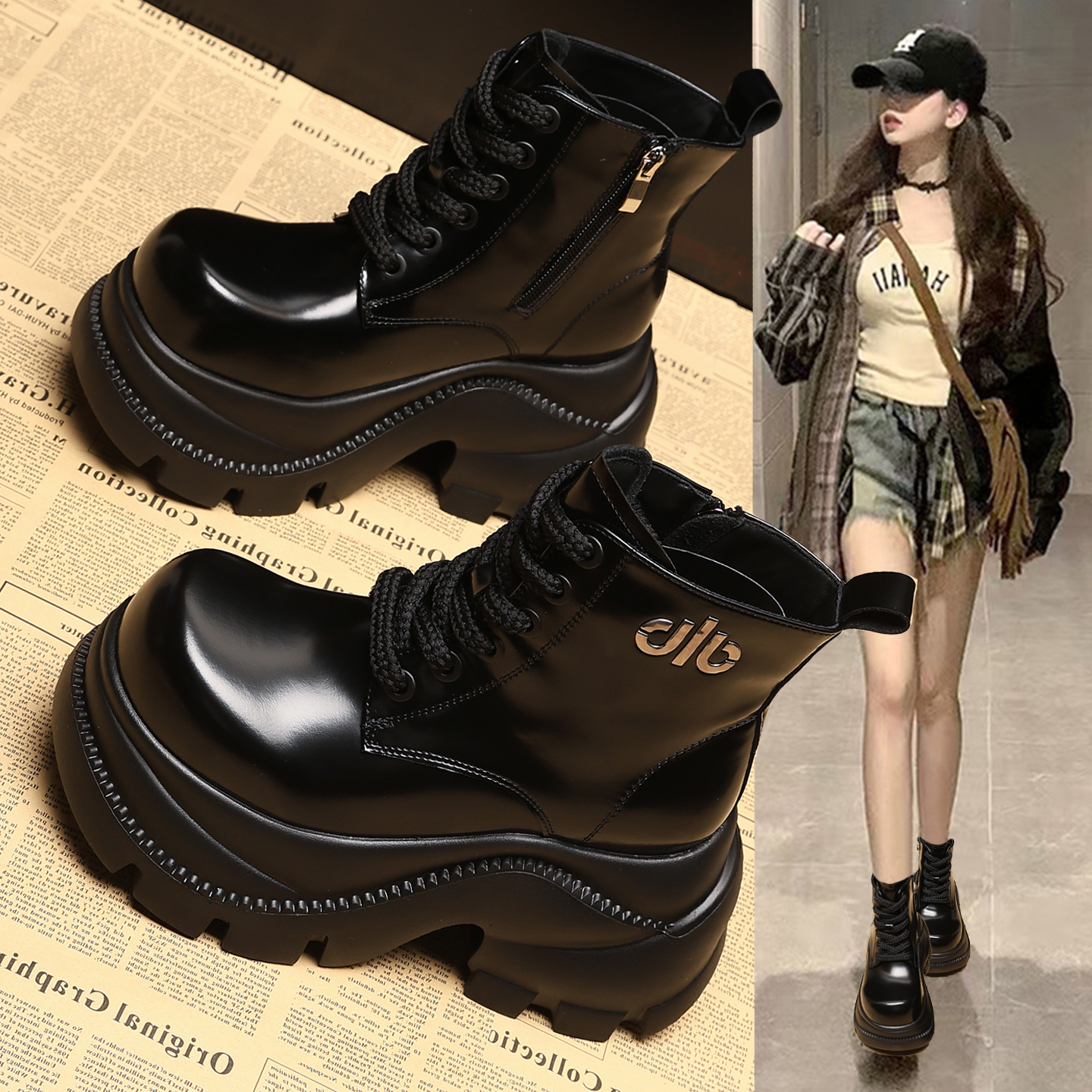 真皮大头马丁靴女厚底增高小个子