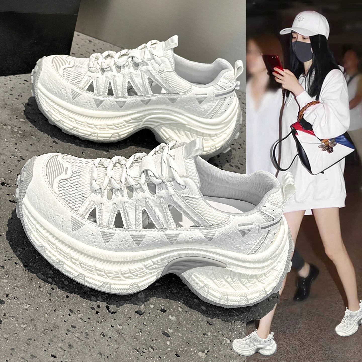 夏季超火镂空透气老爹鞋女2026新款爆款厚底增高网面运动休闲凉鞋