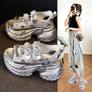 欧洲站厚底小个子老爹运动凉鞋女2025夏季新款水钻增高罗马沙滩鞋