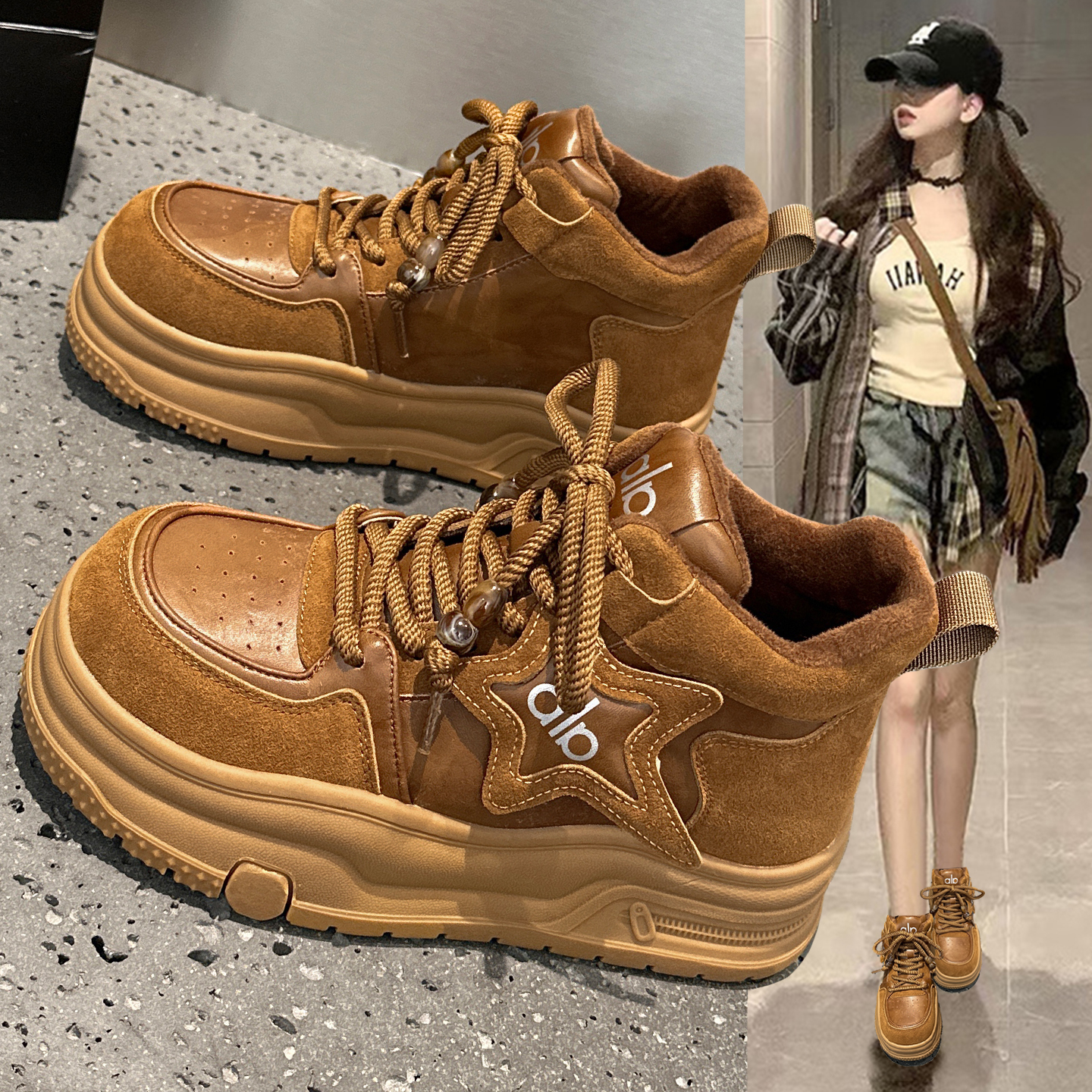 复古真皮高帮棉鞋女加绒星星厚底