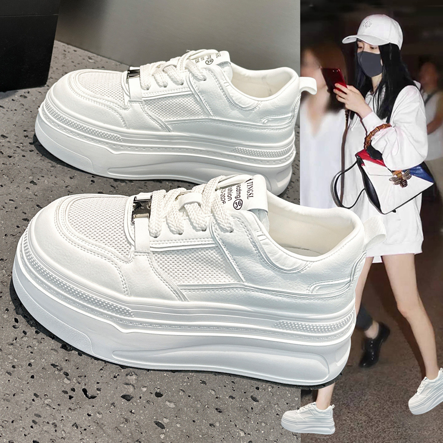 夏季巨好看网面透气小白鞋女2026新款爆款厚底增高显脚小休闲板鞋