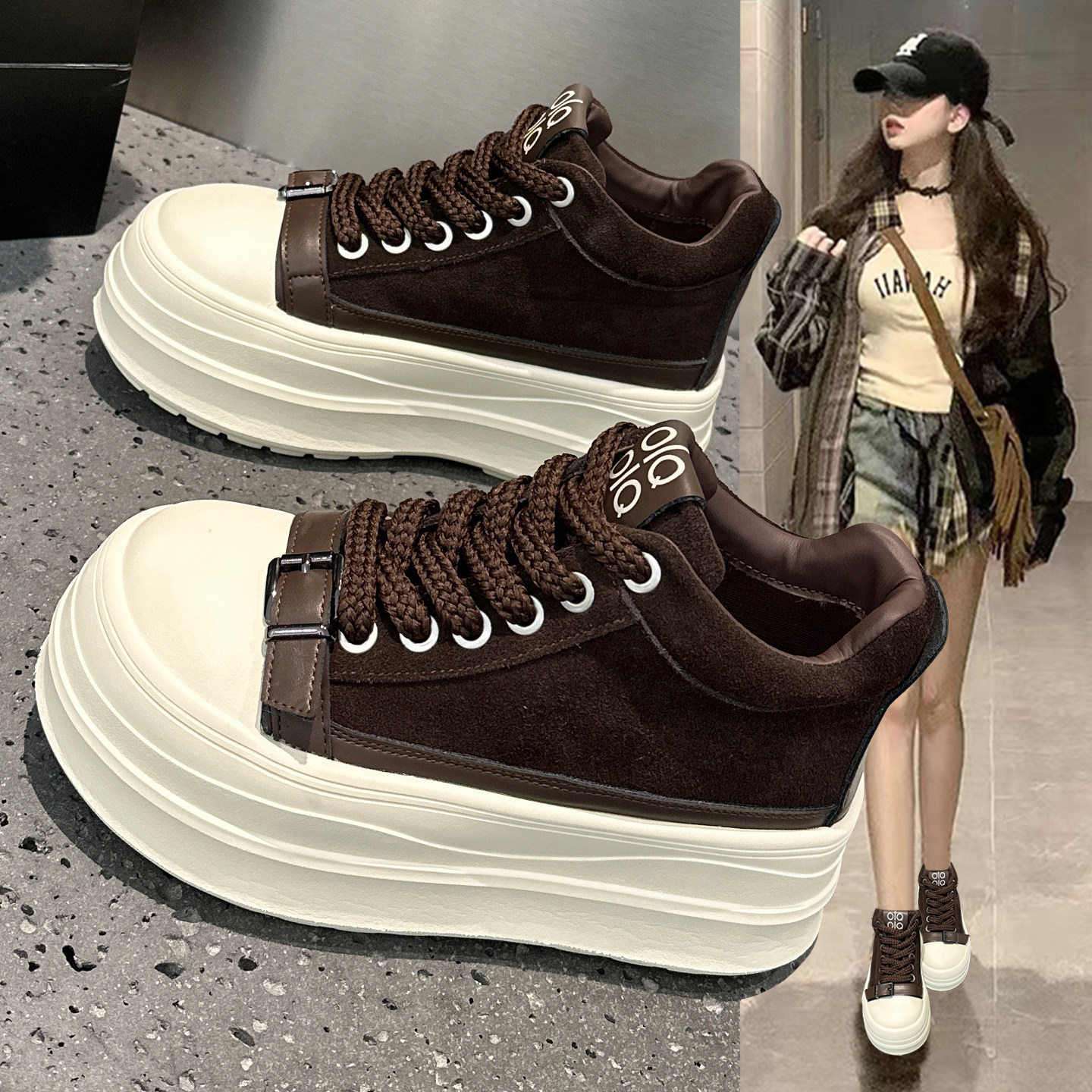 欧洲站秋季复古真皮高帮鞋女2025新款加绒厚底增高运动休闲松糕鞋,女鞋,高帮鞋,淘宝优惠券,粉丝福利购,淘宝优惠卷