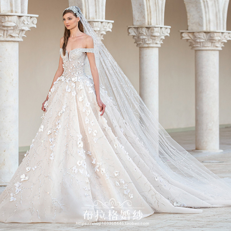Georges Hobeica新款时尚新娘奢华一字肩显瘦教堂拖尾婚礼主婚纱