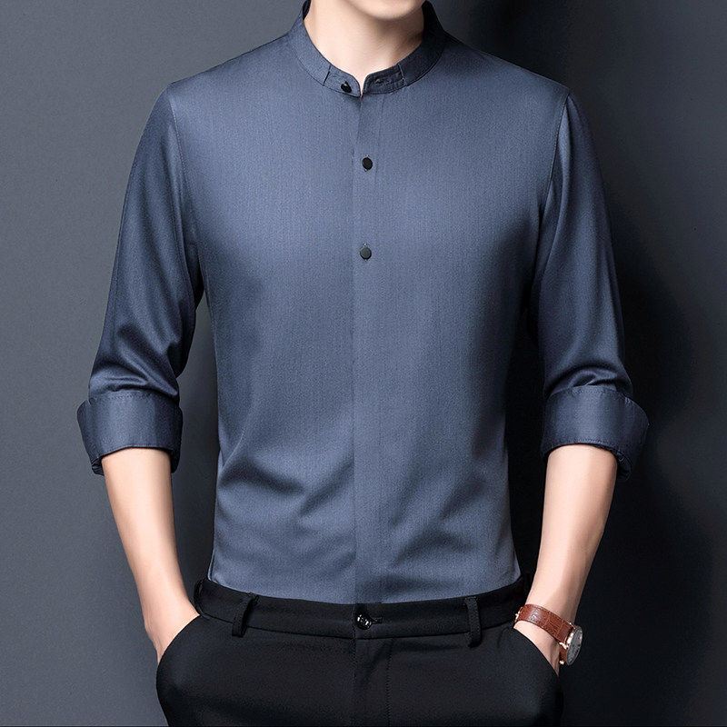 佐扮男士立领衬衫长袖休闲韩版帅气中年无痕爸爸高端设计感寸衣男