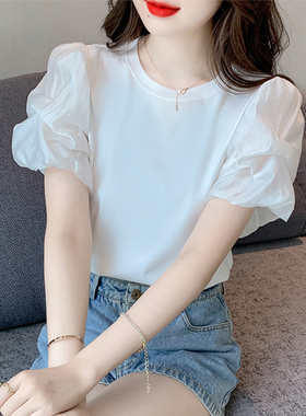 感圆领白色短袖T恤女夏2026新款休闲百搭泡泡袖上衣服装0511k