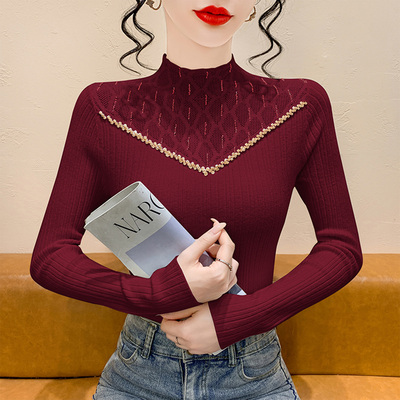 ROUMIKL高级感轻奢半高领钉珠针织打底衫女秋冬2025新款修身毛衣