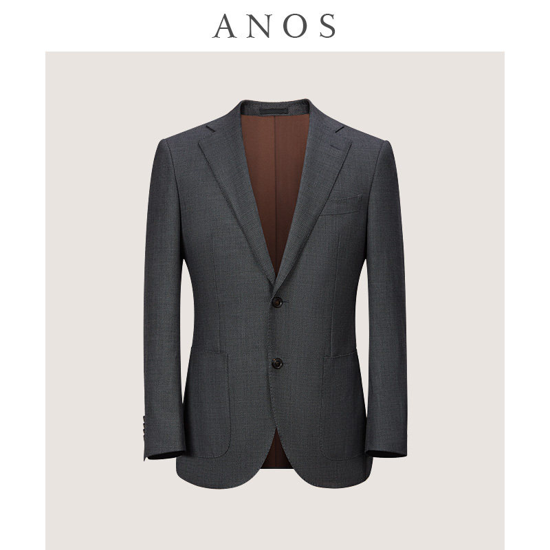 anos意式鸟眼纹绅士平驳领牛角扣深灰色西装 修身商务单西外套男