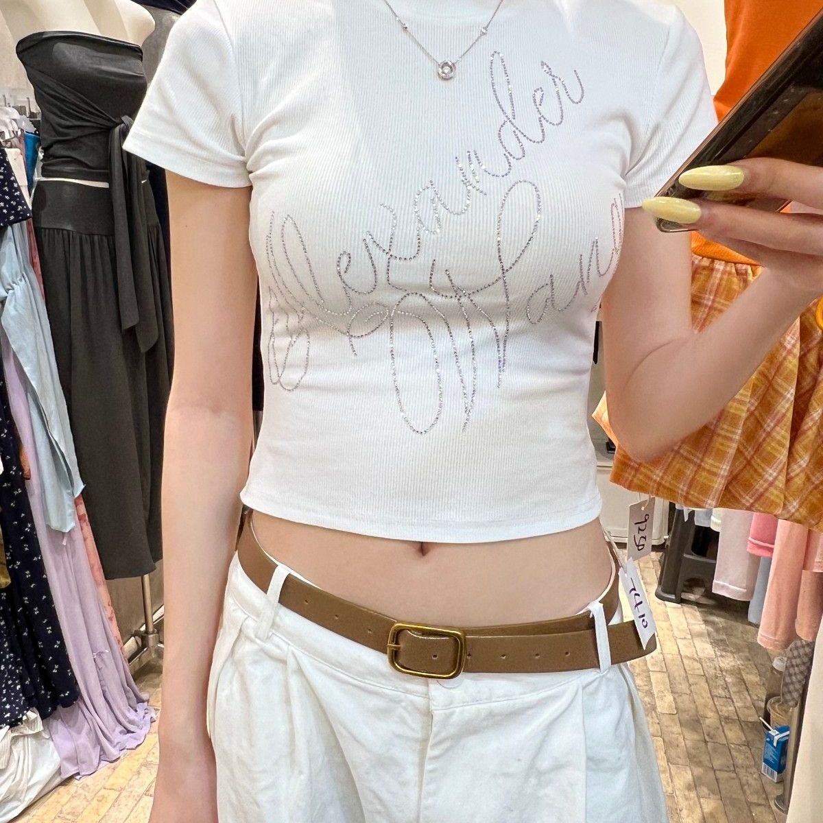韩系chic独特烫钻短袖t恤女夏新款紧身短款显瘦露肚脐别致小上衣