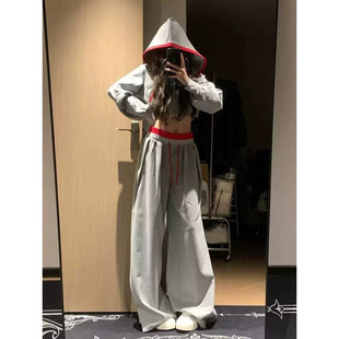 韩系chic休闲运动穿搭套装女初秋连帽短款开衫外套+阔腿裤两件套