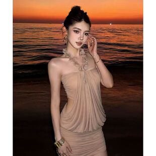 御姐辣妹网纱拼接吊带包臀裙女夏天新款掐腰褶皱显瘦千金感连衣裙