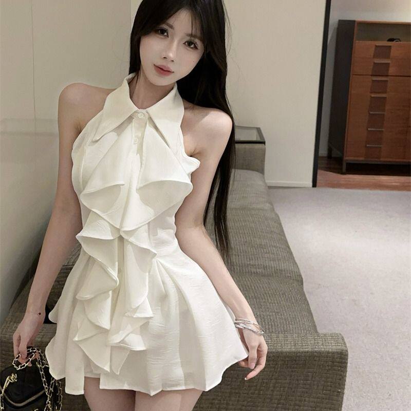 韩系chic甜妹荷叶边挂脖衬衫女夏新款修身显瘦独特绝美小上衣