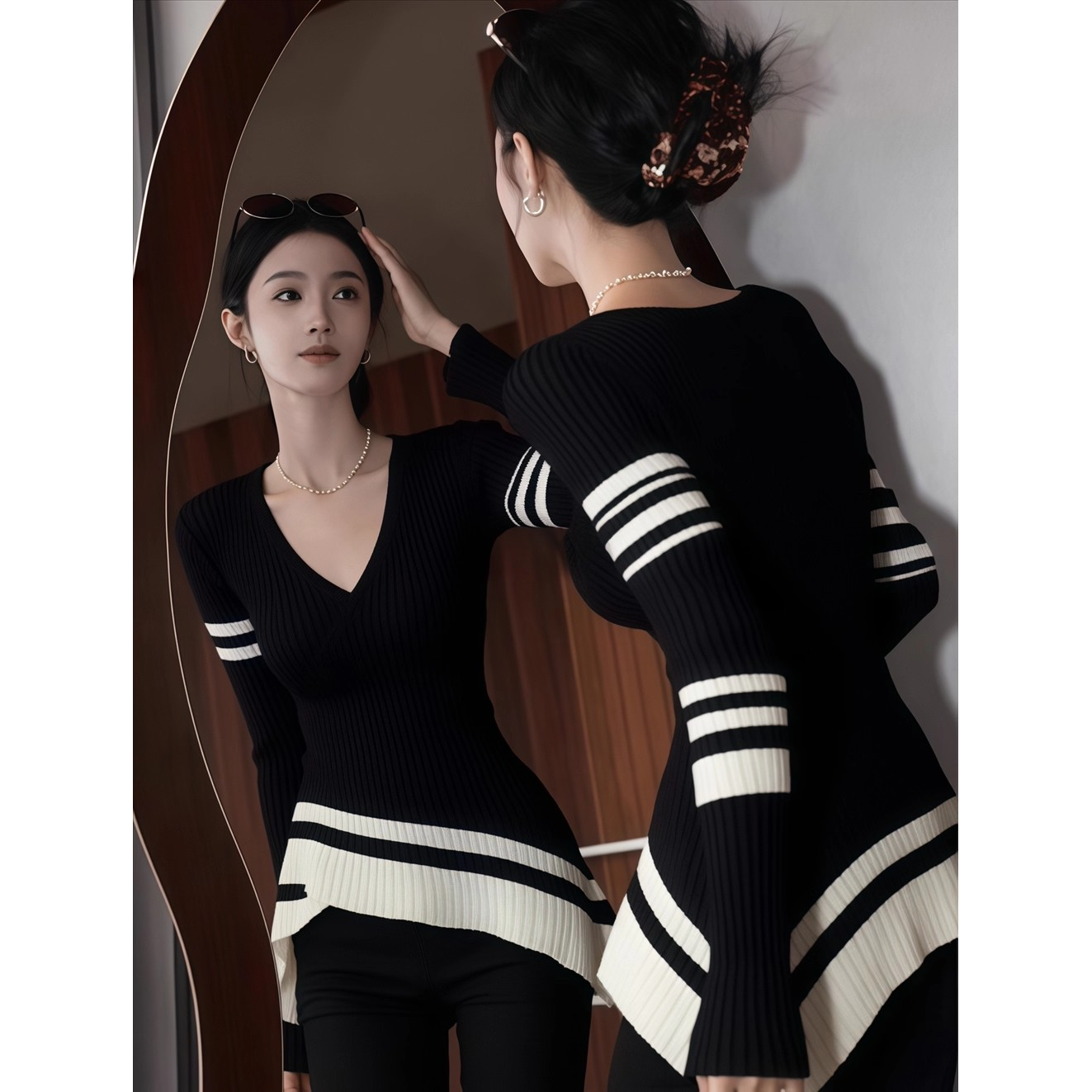 韩系chic条纹撞色内搭针织衫女春秋新款修身显瘦不规则拼接毛衣服,女装/女士精品,毛针织衫,淘宝优惠券,粉丝福利购,淘宝优惠卷